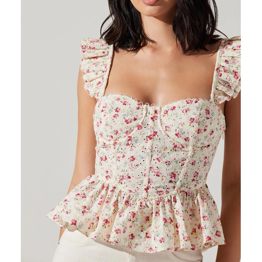 ASTR Baylin Floral Eyelet Ruffle Crop Peplum Top
